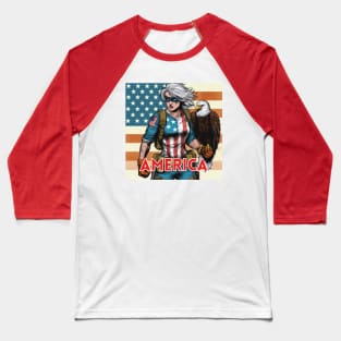 America Female Gritty 80s Comic Book Superhero Patriotic USA Baseball T-Shirt